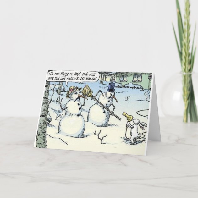 Bunny Threatens Snowman For Nose Greeting Card