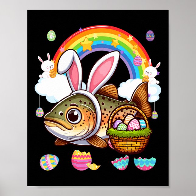 Bunny Trout Fish Easter Hunting Eggs Basket Colorf Poster (Front)