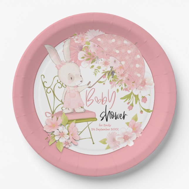Bunny Umbrella Flowers Name Date Pink Baby Shower Paper Plates (Front)