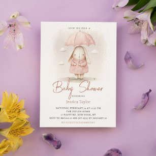 Bunny Umbrella Pink Watercolor Girl Baby Shower Invitation