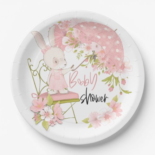 Bunny Umbrella Pink White Florals Girl Baby Shower Paper Plates