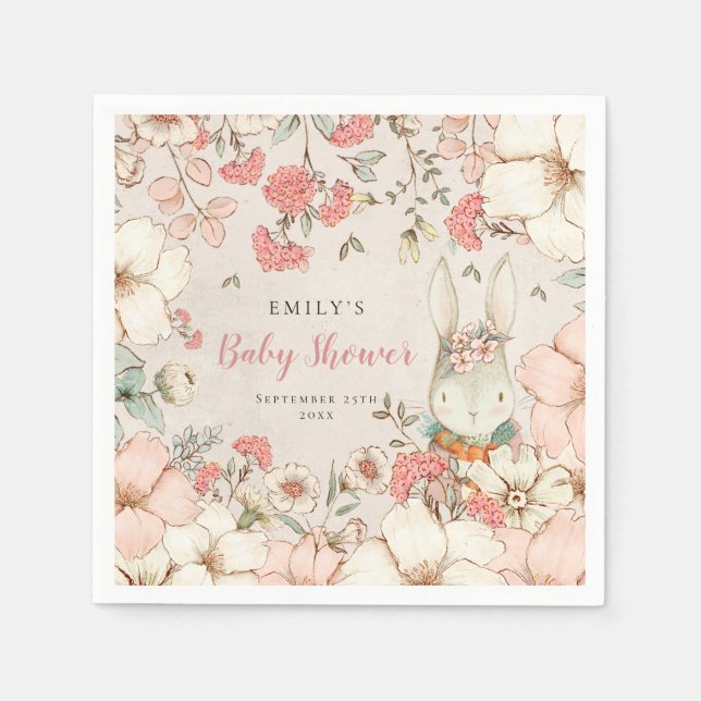 Bunny Vintage Floral Foliage Baby Shower Napkins (Front)
