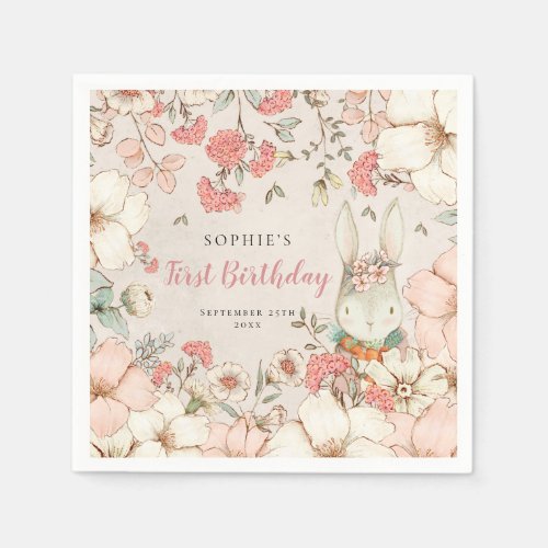 Bunny Vintage Floral Foliage First Birthday Party Napkins