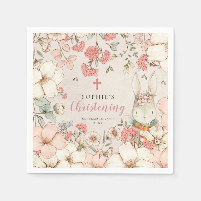 Bunny Vintage Floral Foliage Girl Christening  Napkins (Front)