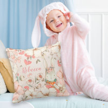 Bunny Vintage Floral Foliage Name Nursery Throw Pillow