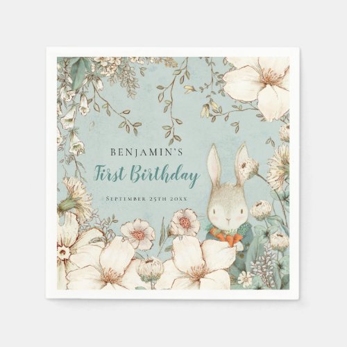 Bunny Vintage Foliage Powder Blue 1st Birthday Napkins