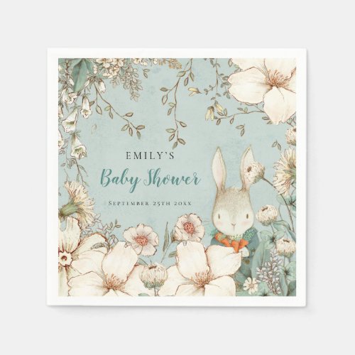 Bunny Vintage Foliage Powder Blue Baby Shower Napkins