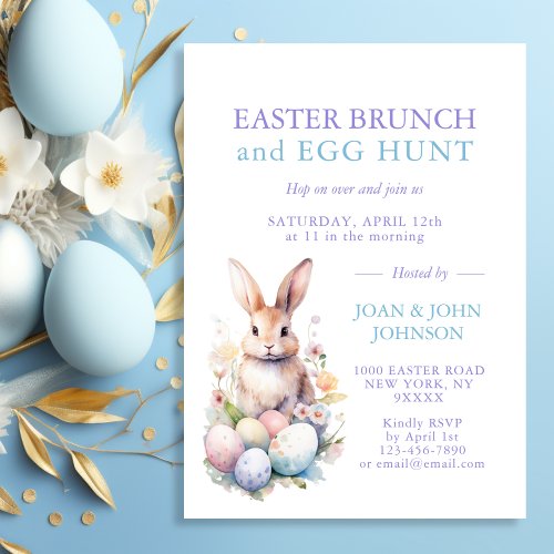 Bunny Watercolor Eggs Easter BRUNCH  HUNT Invitation