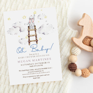 Bunny Watercolor Elegant Cute Boy Baby Shower Invitation