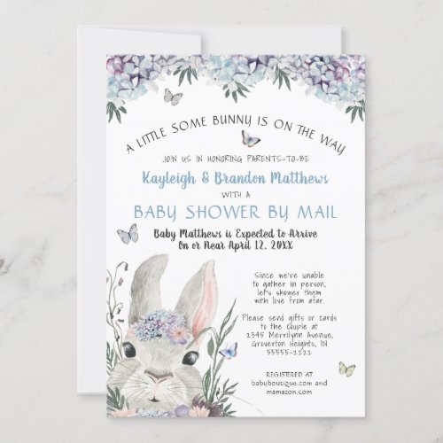 Bunny Watercolor Floral Blue Baby Shower By Mail Invitation