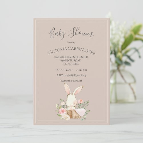 Bunny Watercolor Floral Brown Baby Shower Invitation