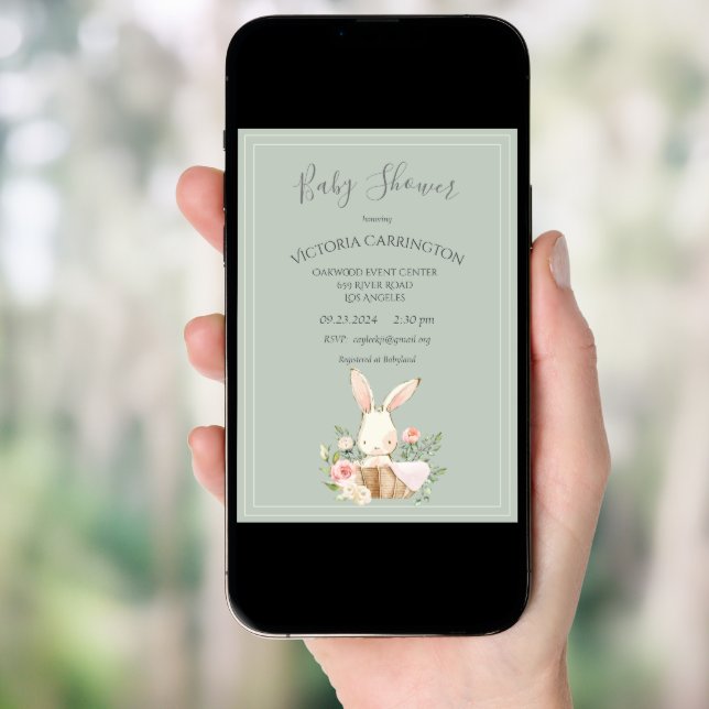 Bunny Watercolor Floral Green Baby Shower  Invitation (Front Digital)