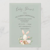 Bunny Watercolor Floral Green Girl Baby Shower  Invitation (Front)