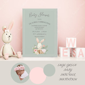 Bunny Watercolor Floral Green Girl Baby Shower  Invitation