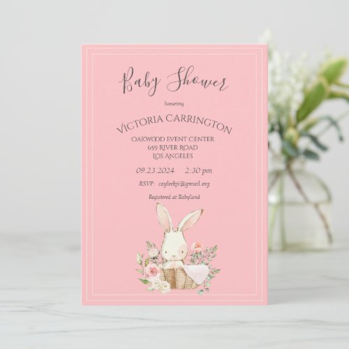 Bunny Watercolor Floral Pink Girl Baby Shower Invitation