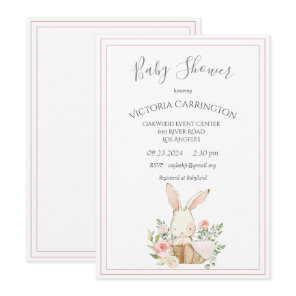 Bunny Watercolor Floral Pink Girl Baby Shower Invitation