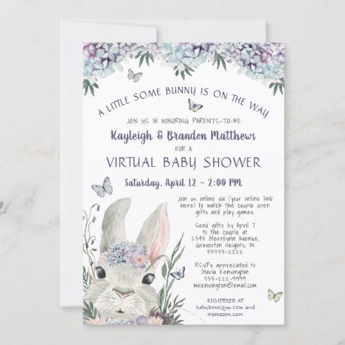 Bunny Watercolor Floral Purple Virtual Baby Shower Invitation