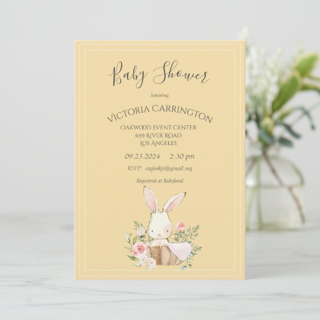 Bunny Watercolor Floral Yellow Girl Baby Shower Invitation (Standing Front)