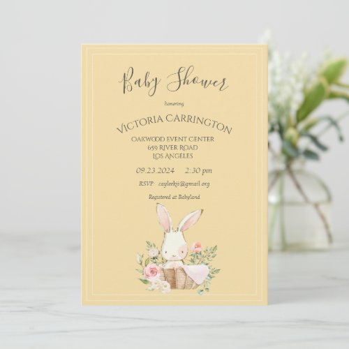 Bunny Watercolor Floral Yellow Girl Baby Shower Invitation