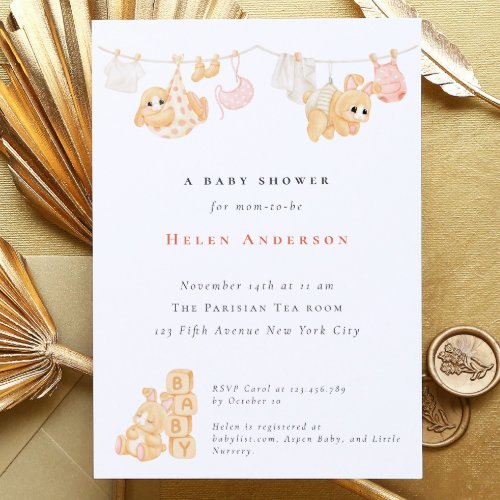 Bunny Watercolor Neutral Baby Shower Invitation
