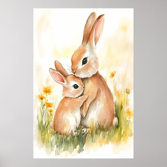 Bunny Watercolor Print, Mama and Kid, Nursery Wall Poster (Front)