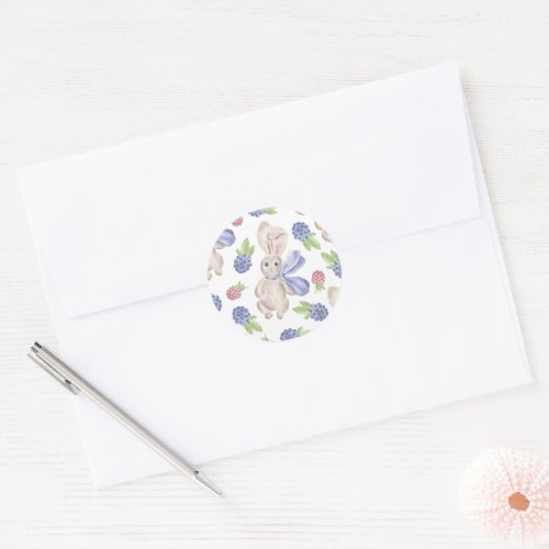 Bunny watercolor spring berry pattern classic round sticker
