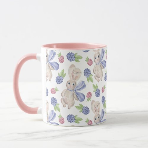 Bunny watercolor spring berry pattern mug