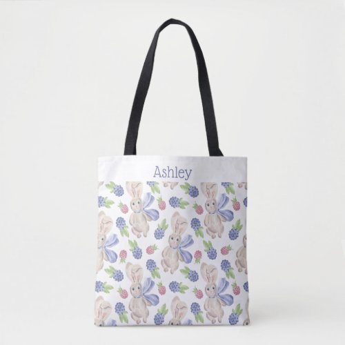 Bunny watercolor spring berry tote bag