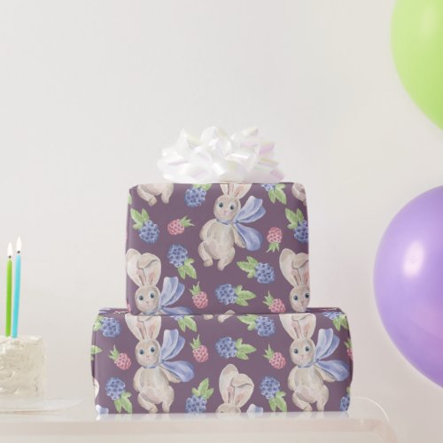 Bunny watercolor spring berry wrapping paper