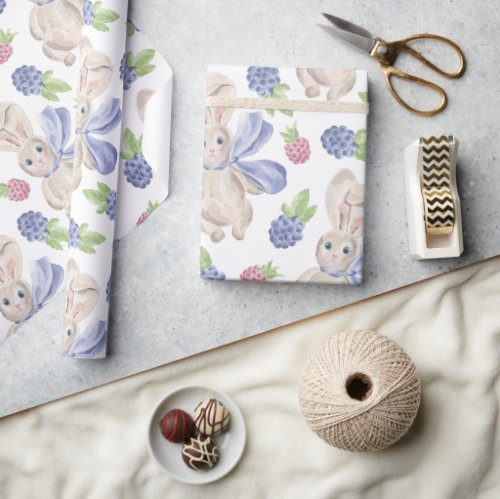 Bunny watercolor spring berry wrapping paper