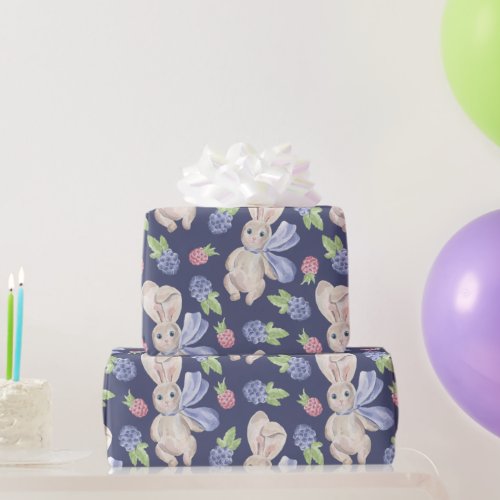 Bunny watercolor spring berry wrapping paper