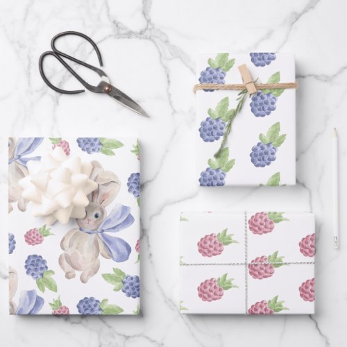 Bunny watercolor spring berry wrapping paper sheets