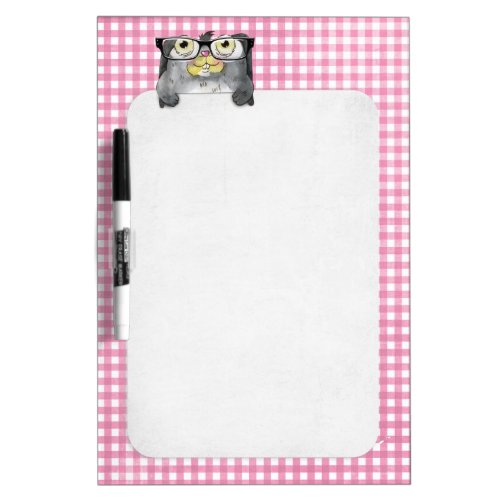 Bunny wearing eye glasses on gingham dry erase board