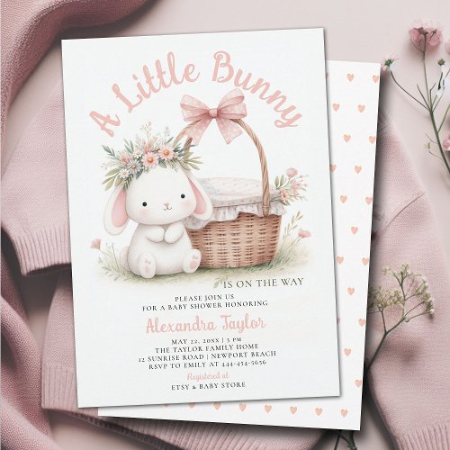 Bunny Wildflowers Bow Picnic Pink Baby Girl Shower Invitation