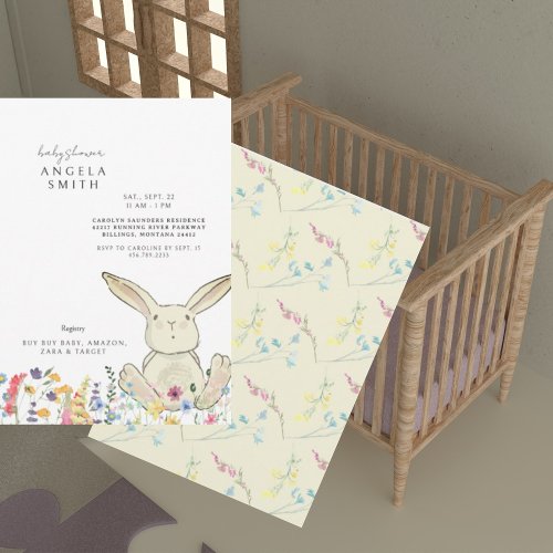 Bunny  Wildflowers Colorful Baby Shower Invitation