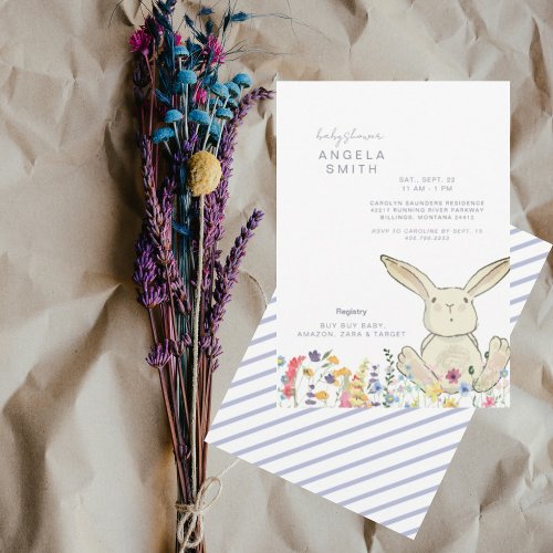 Bunny  Wildflowers Colorful Striped Baby Shower Invitation