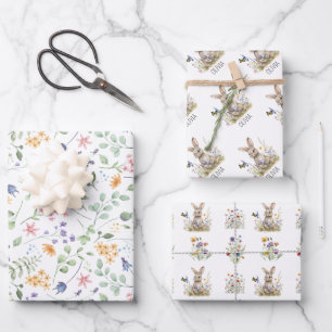 Bunny wildflowers custom name wrapping paper sheets