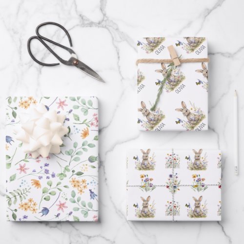 Bunny wildflowers custom name wrapping paper sheets