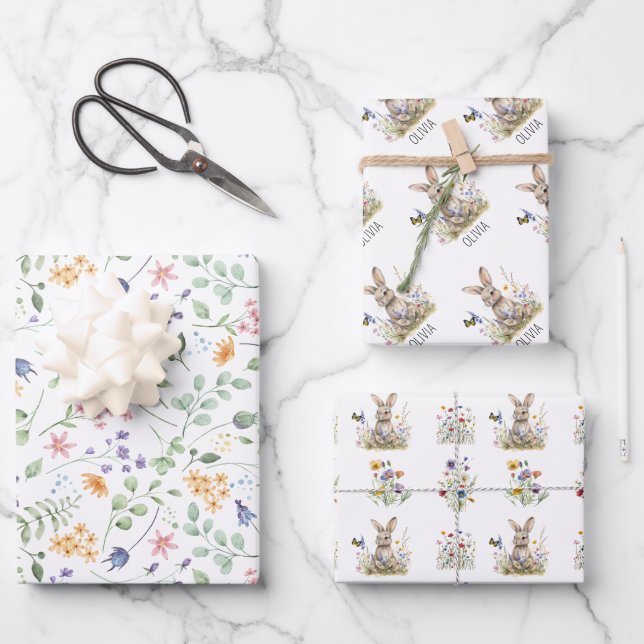 Bunny wildflowers custom name wrapping paper sheets (Front)