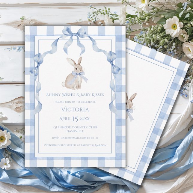 Bunny Wishes & Baby Kisses Blue Baby Shower Invitation (Creator Uploaded)
