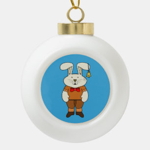 Bunny with a bell in his ear ceramic ball christmas ornament