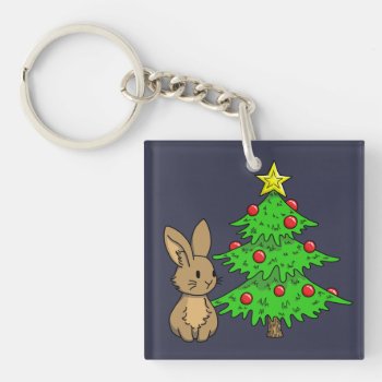 Bunny With A Christmas Tree Keychain by bunnieswithstuff at Zazzle