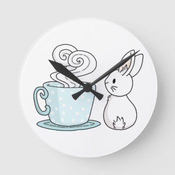 Bunny With A Cup Of Tea Round Clock by bunnieswithstuff at Zazzle