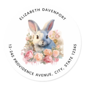 Bunny with a Garland of Roses Cute Address Classic Round Sticker