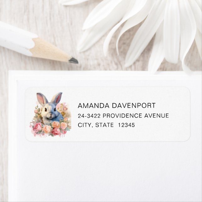 Bunny with a Garland of Roses Cute Address Label (Insitu)