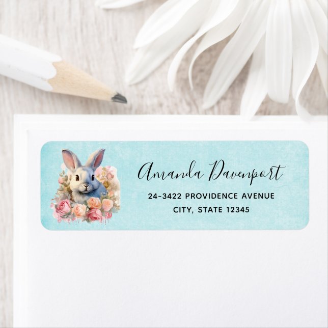 Bunny with a Garland of Roses Cute Address Label (Insitu)