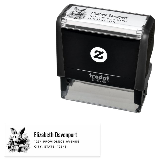 Bunny with a Garland of Roses Cute Address Self-inking Stamp (In Situ)