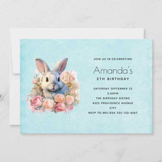 Bunny with a Garland of Roses Cute Birthday Invitation (Front)