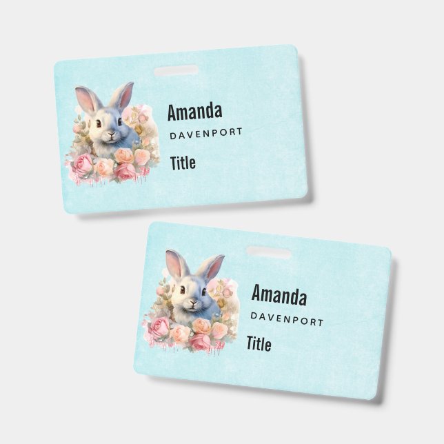 Bunny with a Garland of Roses Cute Business Badge (Front & Back)