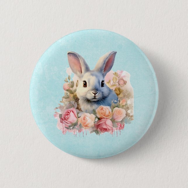 Bunny with a Garland of Roses Cute Button (Front)